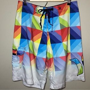 Hurley Board Shorts Swim Trunks Men Size 33 Red Blue Colorblock Unlined Logo